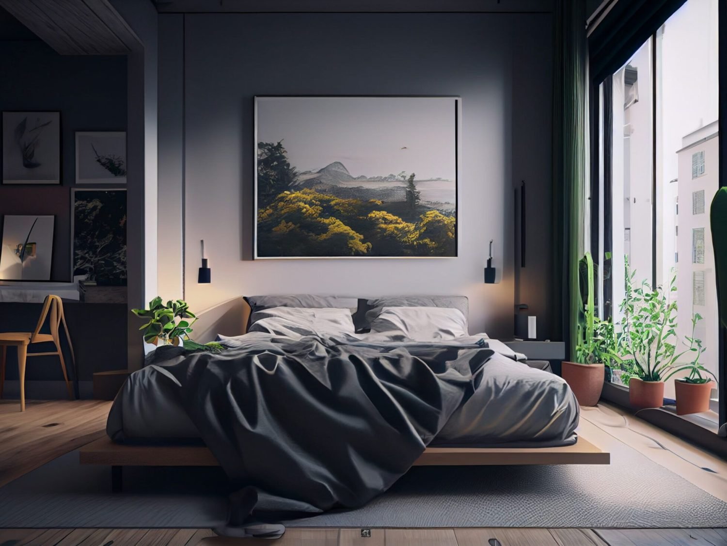 Modern apartment bedroom, comfortable bed near window ,generative AI Modern apartment bedroom, comfortable bed near window ,generative artificial intelligence